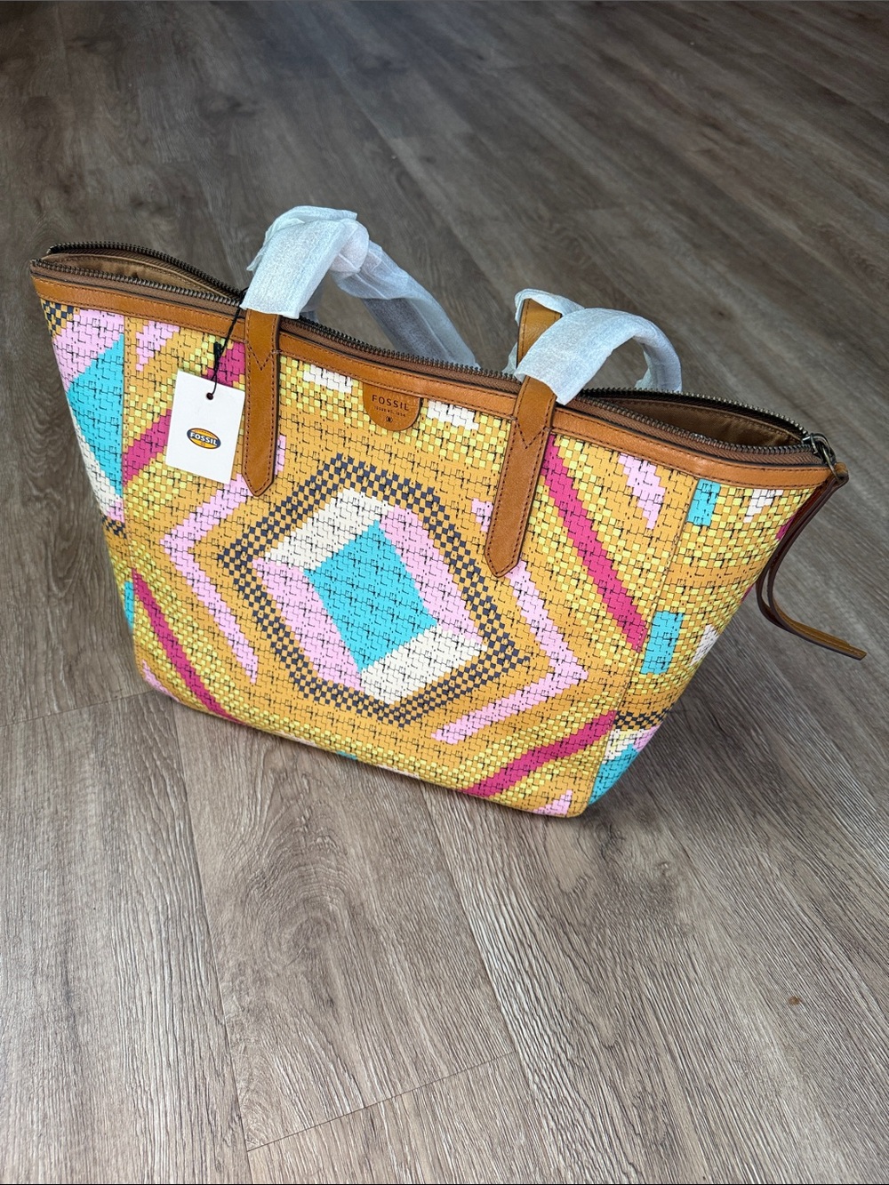 Fossil Yellow Multi-Color Geometric Tote with Tan Trim